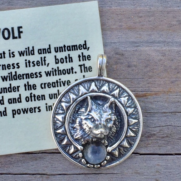 Viking Sun Wolf Pendant solid .925 Sterling Silver w/ genuine Moonstone gem USA - Picture 2 of 8